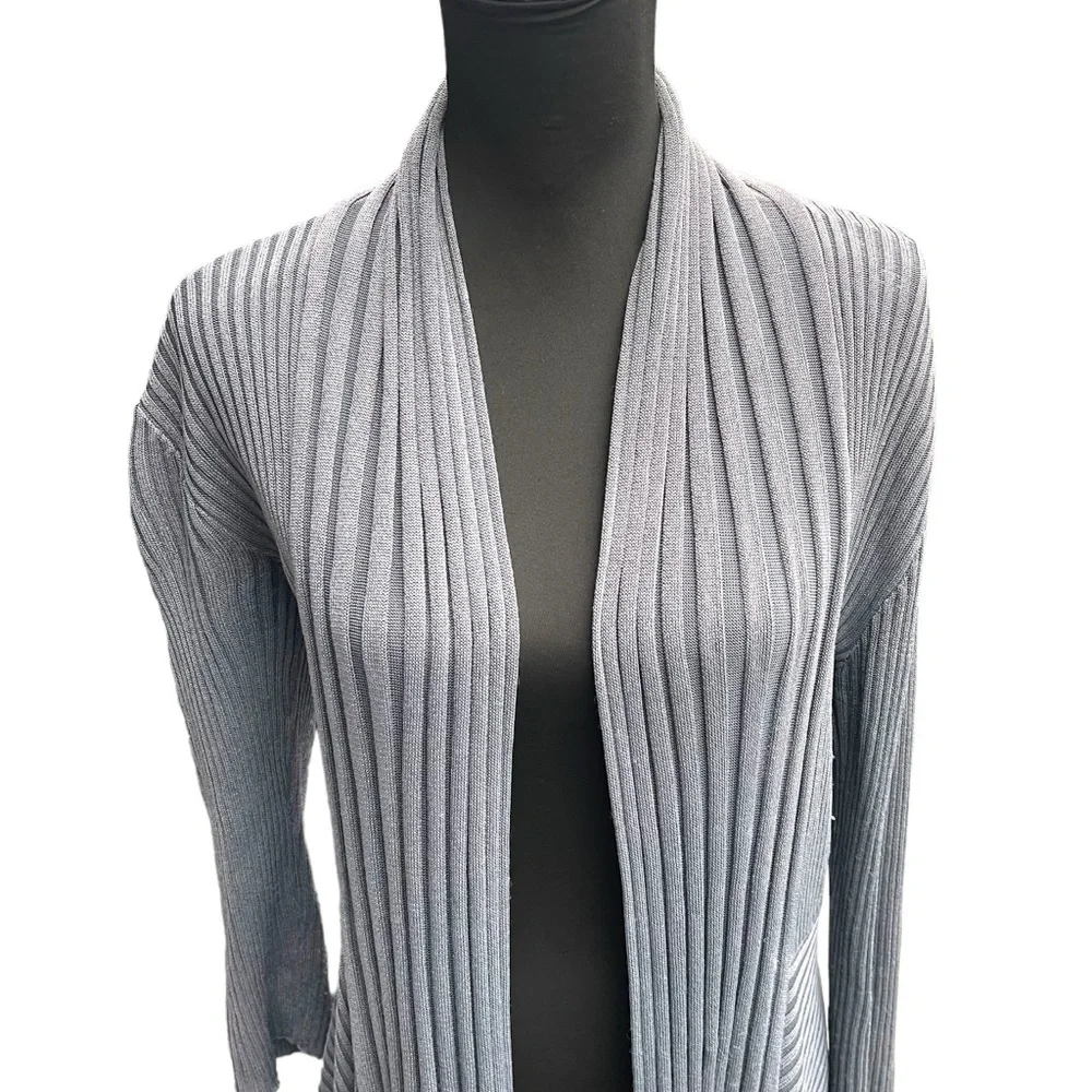 Only Olive Grey Open Front Shawl Collar Knit Lace Back Cardigan Sweater (S) - Picture 5 of 12